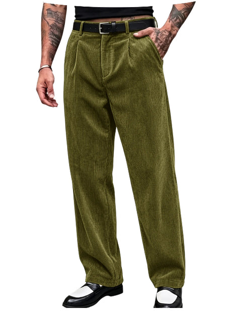 A person wearing olive green corduroy trousers with a black belt, paired with black-and-white shoes, 