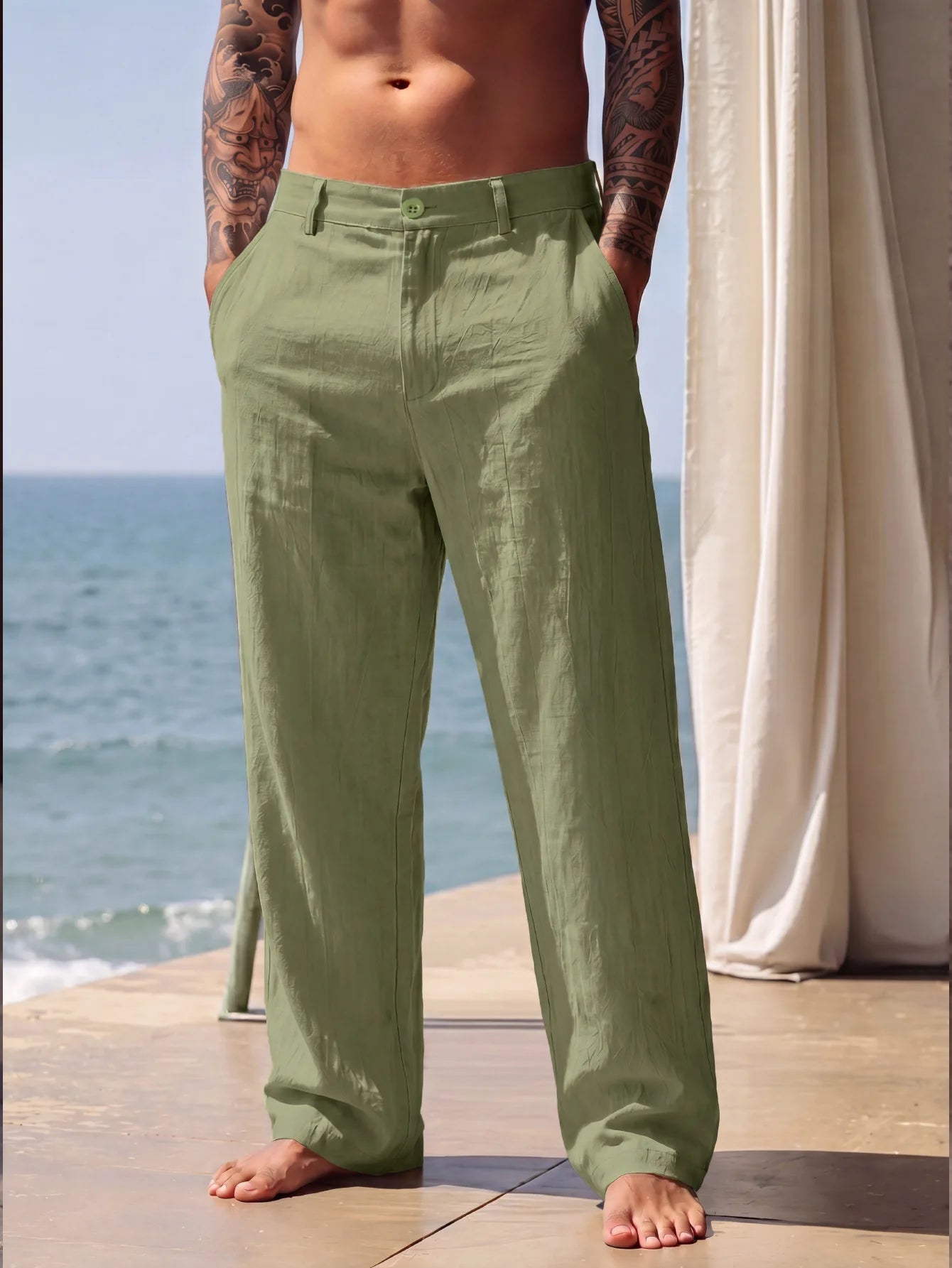 2026 New Amazon European and American men's linen solid color casual suit pants new fashion beach wide-leg trousers