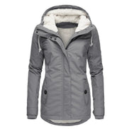 Front view of a gray hooded zip-up jacket with white fleece-look lining, drawstrings and buttoned front pockets against a white background