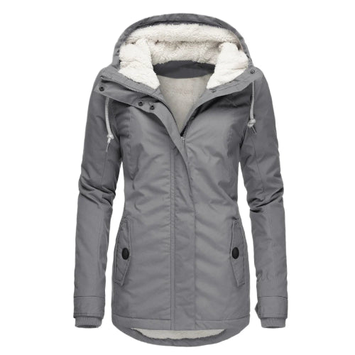 Front view of a gray hooded zip-up jacket with white fleece-look lining, drawstrings and buttoned front pockets against a white background