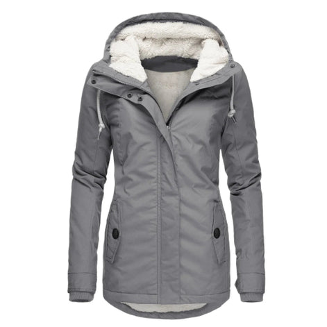 Front view of a gray hooded zip-up jacket with white fleece-look lining, drawstrings and buttoned front pockets against a white background