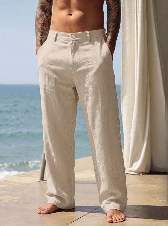 2026 New Amazon European and American men's linen solid color casual suit pants new fashion beach wide-leg trousers