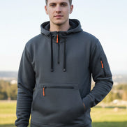 Gray hoodie with black and orange accents on a white background