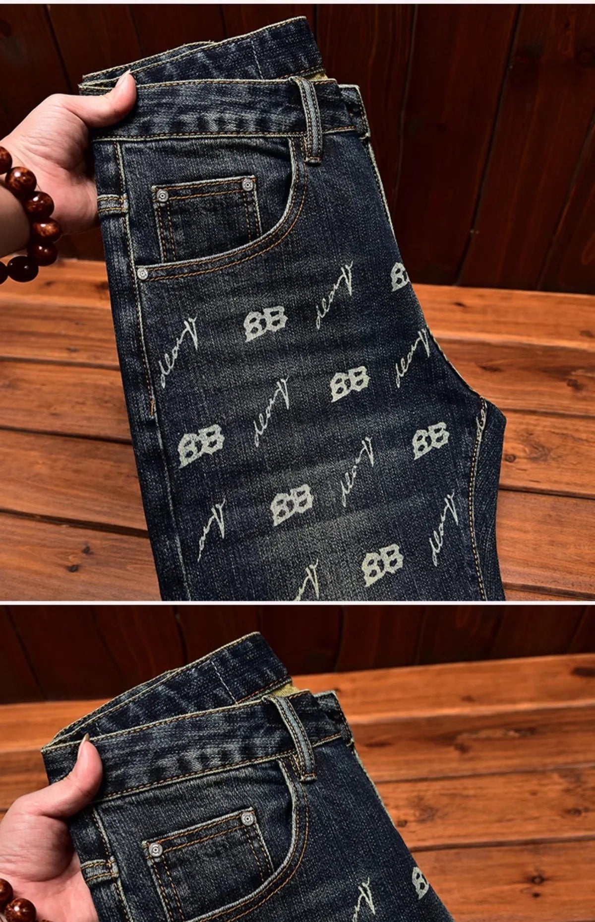 Autumn and winter light luxury printed jeans MEN'S slim fit skinny elastic trend fashionable retro blue denim trove