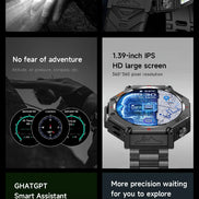 Smartwatch features including tactical flashlight, GPS, large screen, and smart assistant on a black background.