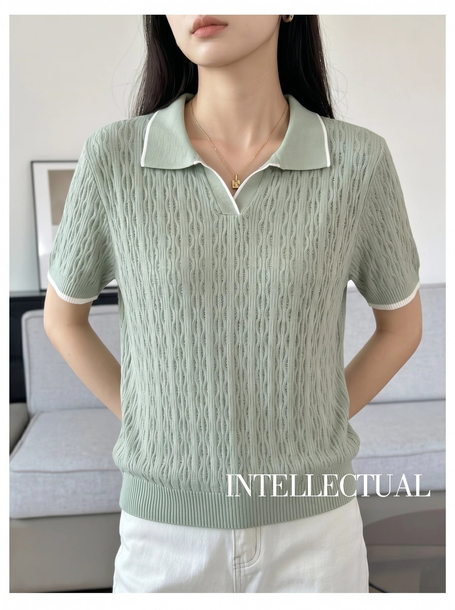 WinvyNee Spring Summer Women Cotton Polo V Collar Sweater Knitted Top Green Solid Short Sleeve Casual Pullover T-Shirt ZA1002042