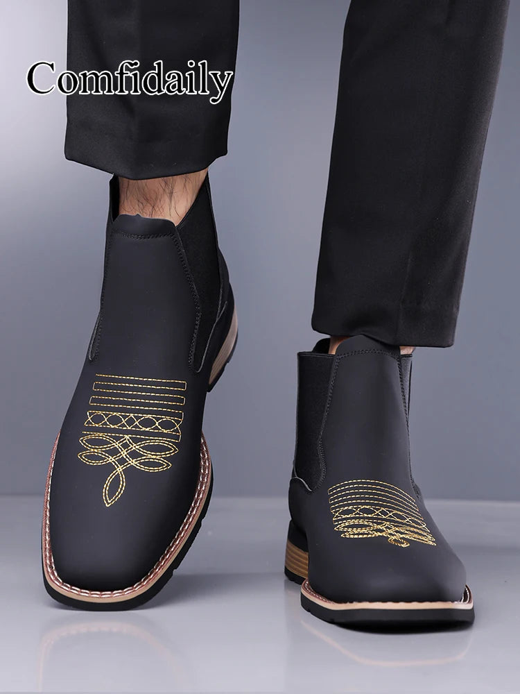 Retro Men Chelsea Boots Classic Brown Embroidery Boots High Quality Business Casual British Style Street Western Ankle Boots