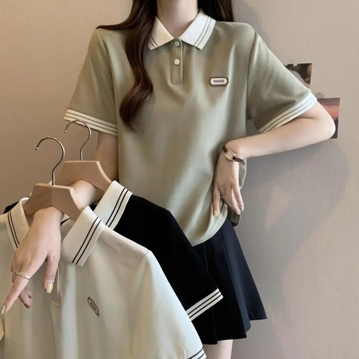 Baggy Female Tee Women's Polo Short Sleeve T-shirt Korean Clothing Youthful Elegant in Trend 2025 Sales Youth Aesthetic T-shirts