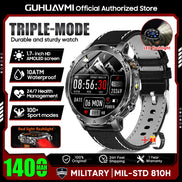 Smartwatch with features highlighted on a promotional graphic, including water resistance and health monitoring.