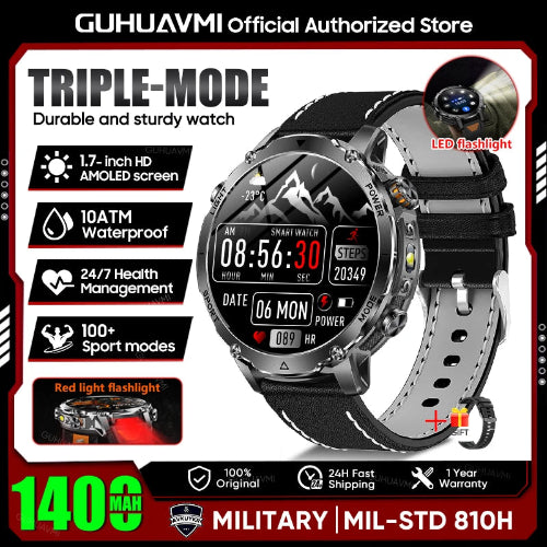 Smartwatch with features highlighted on a promotional graphic, including water resistance and health monitoring.