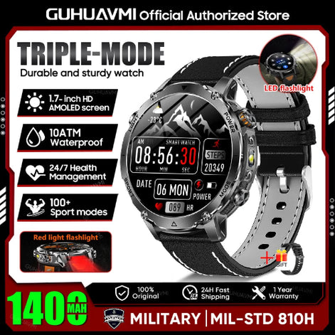 Smartwatch with features highlighted on a promotional graphic, including water resistance and health monitoring.