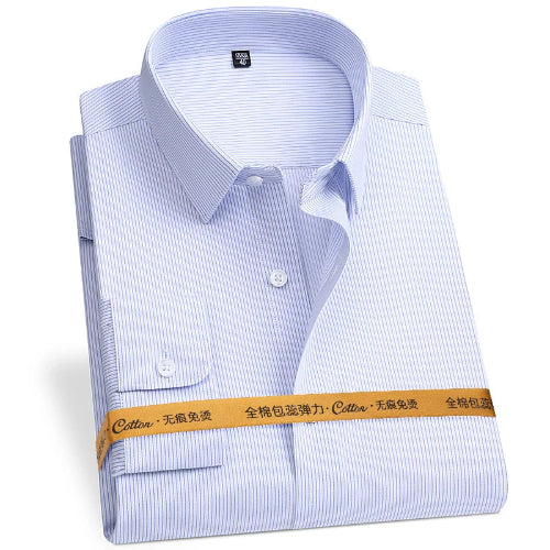 Folded blue and white striped shirt with a visible brand label on a white background