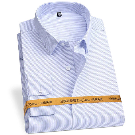 Folded blue and white striped shirt with a visible brand label on a white background