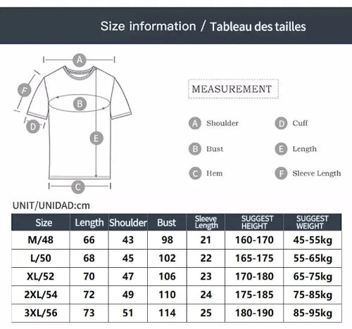 Size chart for a t-shirt with measurements and suggested weight.