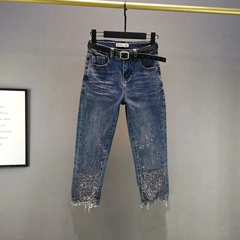 Heavy Industry Hot Diamond Jeans for Women 2026 Summer New Thin Slim High Waist Versatile Seven Point Jeans Female Casual Pants