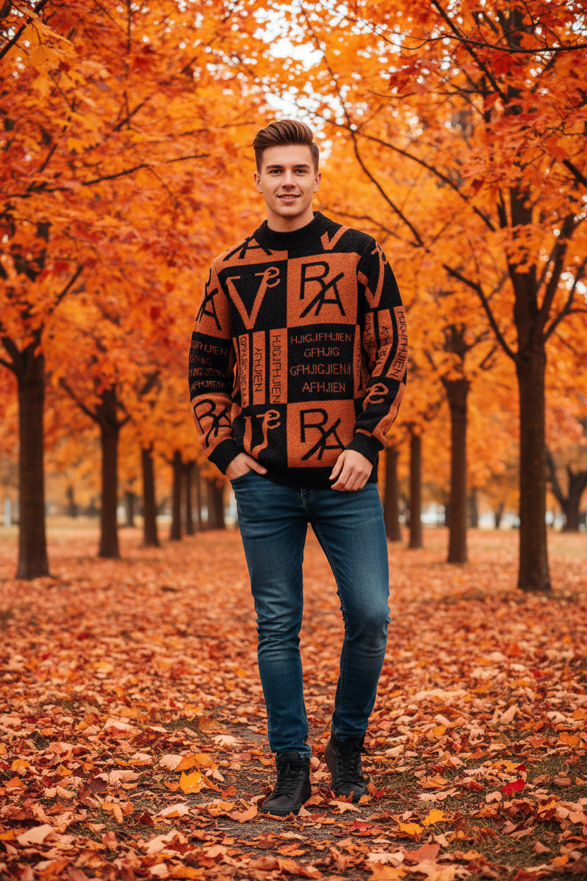 Orange and black sweater with text design on a grid background