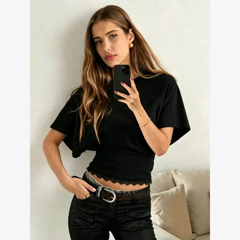 Versatile Regular-shoulder T-shirts Women Casual White Round Neck Irregular Hem Pleated Short Top Summer Lady Street Wear New