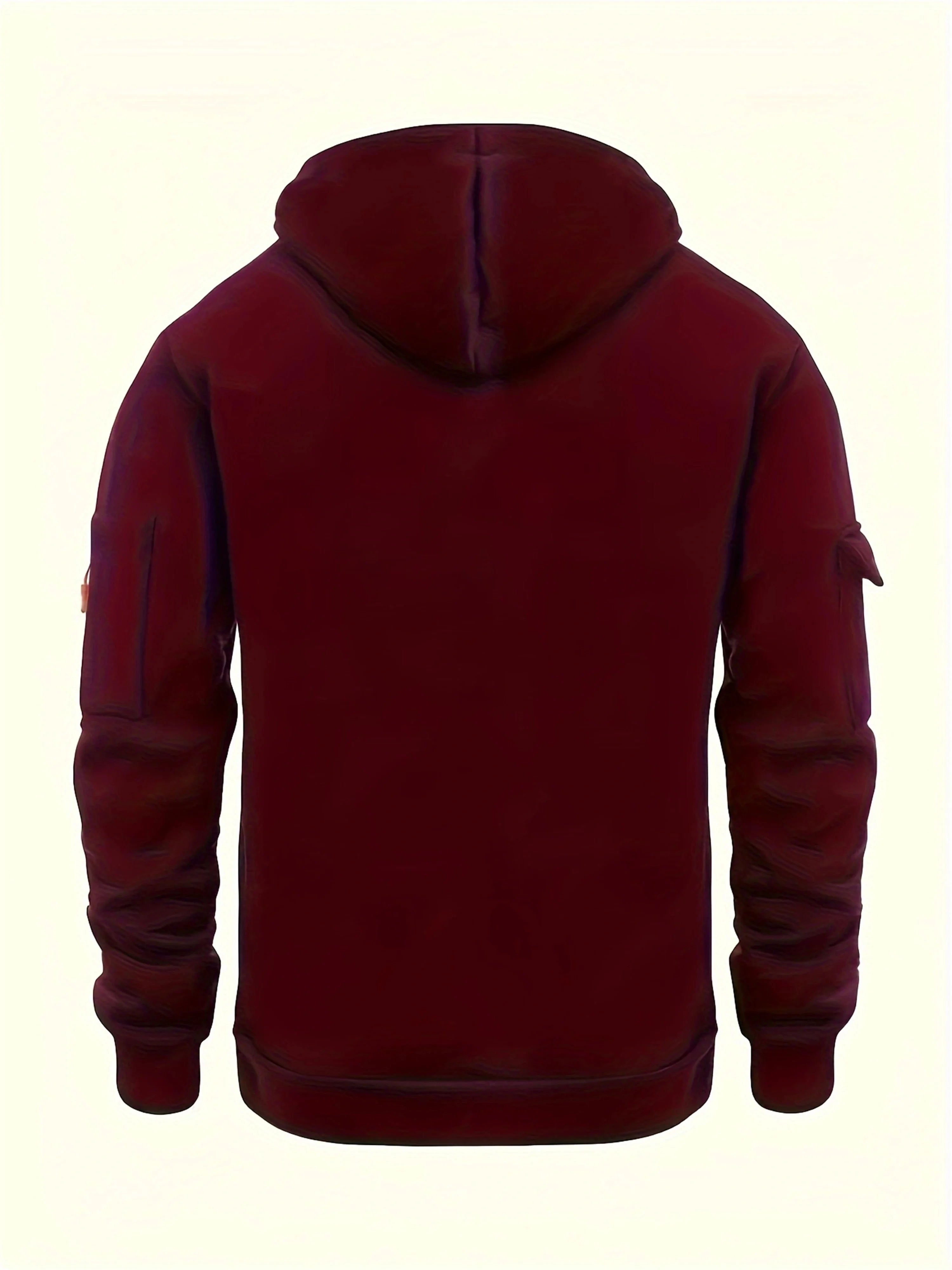 A dark red hooded sweatshirt shown from the back, featuring a high collar, long sleeves, and zippered sleeve pockets, set against a solid cream background.