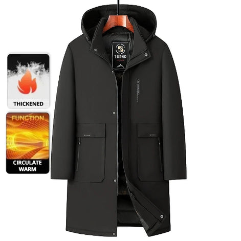 Black coat with features highlighted on a white background