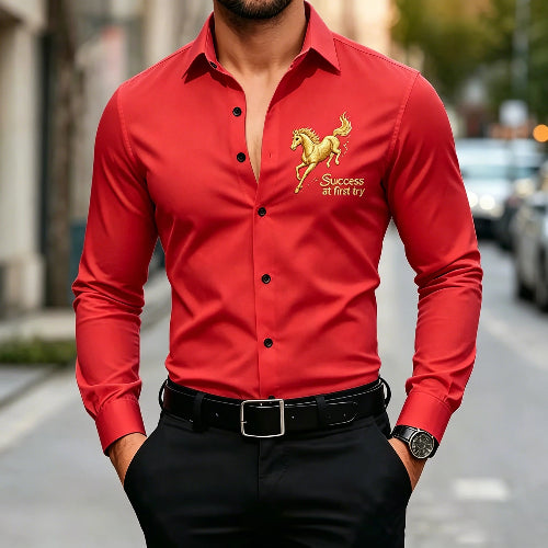A man wearing a bright red long-sleeve button-up shirt with a gold embroidered horse logo and the text 'Success at first try' on the left chest, paired with black trousers and a black belt.