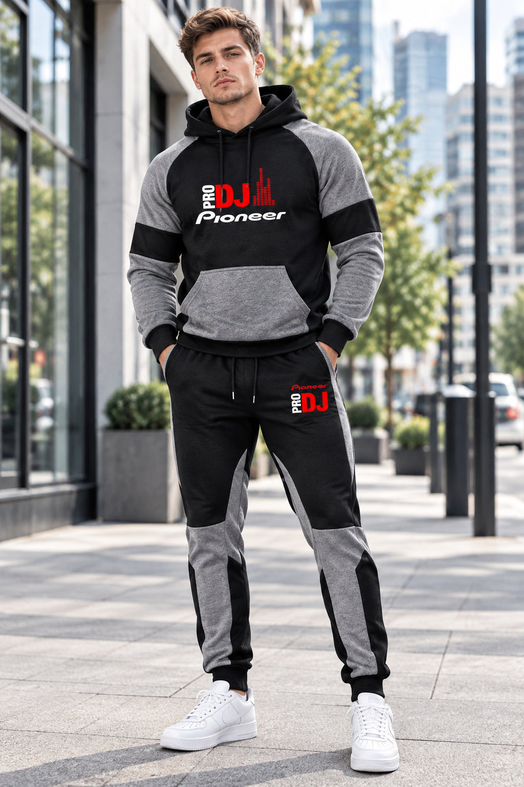 A two-piece athletic tracksuit set featuring a black and gray pullover hoodie with a red and white 'PRO DJ Pioneer' graphic 