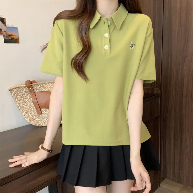 Pink Woman 100℅ Cotton Tshirt Embroidery Polo Neck T Shirt for Women Korean Clothing Y2k Fashion High Quality Youthful Elegant