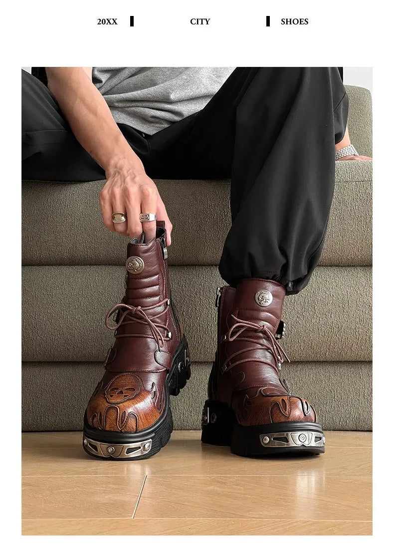 Retro Men Chelsea Boots Silver-brown Men Thick-soled Height-increasing Anti-slip Designer Fashion Brand Outdoor Motorcycle Boots