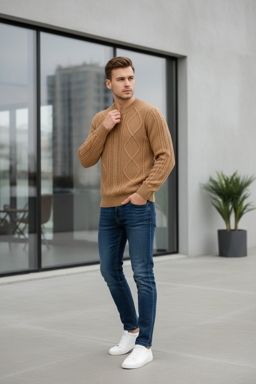 Beige knitted sweater in a black box with a watch on a dark surface