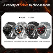 Four smartwatches with different band colors on a fiery background