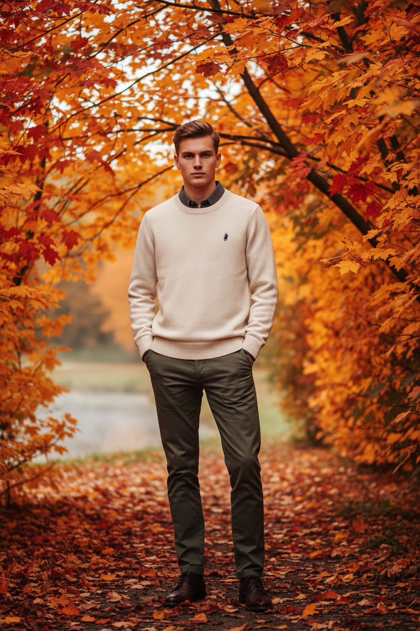 White sweater with a collar and logo on a hanger against a dark background