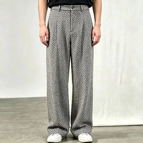 Gray herringbone wide-leg pants shown on a white background