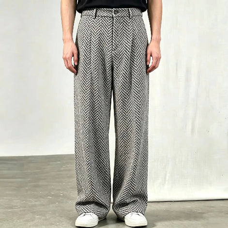 Gray herringbone wide-leg pants shown on a white background