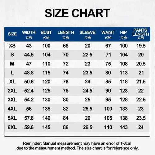 Size chart for clothing measurements with sizes XS to 6XL.