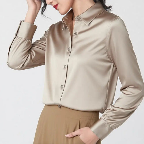 Champagne silk shirt worn by a model, shown from the front.