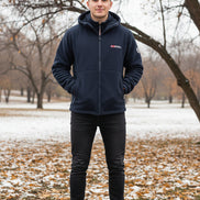 Navy blue fleece jacket with brand logo on a white background