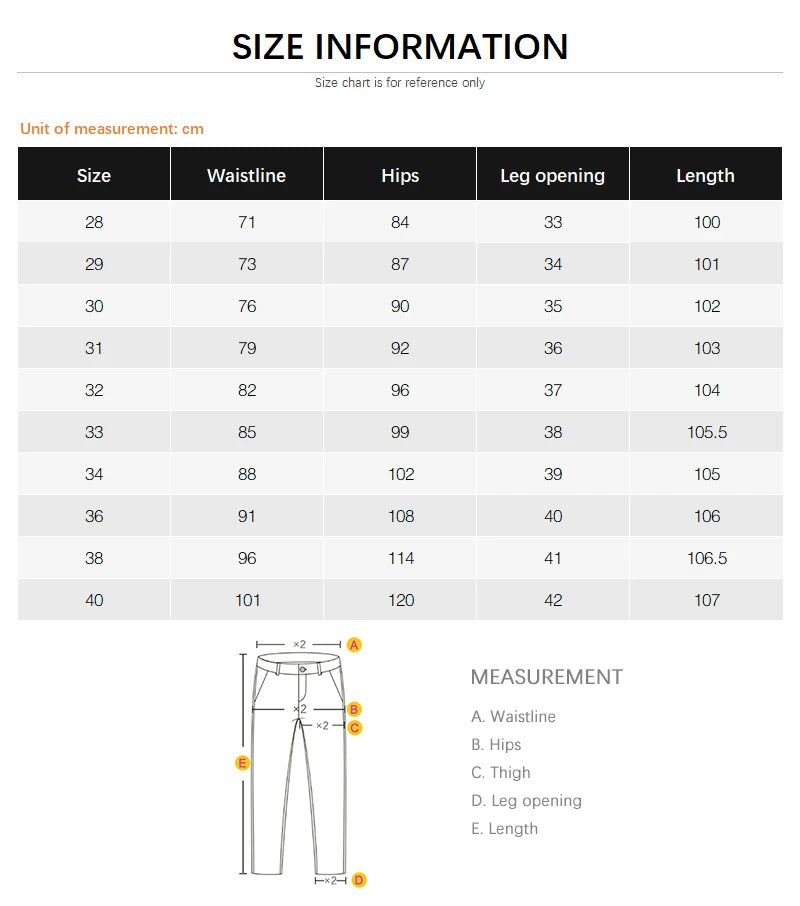 Size chart for pants with measurements in centimeters