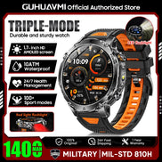 Smartwatch with orange and black design on a promotional poster for GUHUAVMI.