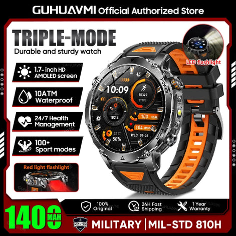 Smartwatch with orange and black design on a promotional poster for GUHUAVMI.