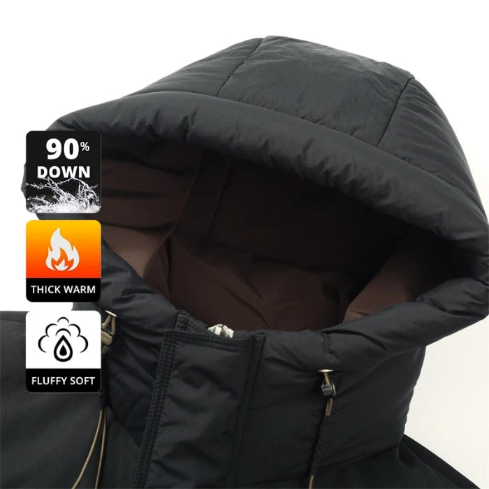 Close-up of a black hooded puffer jacket with a brown interior lining, featuring three feature callout graphics on the left that read '90% DOWN', 'THICK WARM', and 'FLUFFY SOFT'.
