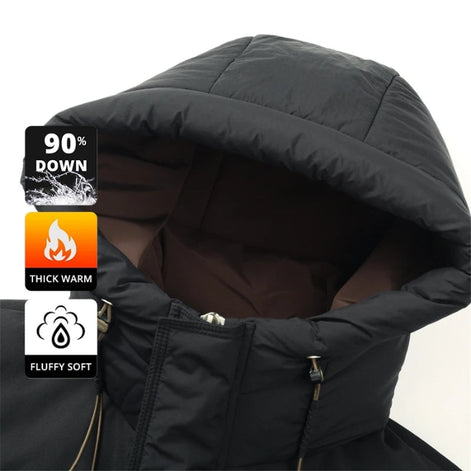 Close-up of a black hooded puffer jacket with a brown interior lining, featuring three feature callout graphics on the left that read '90% DOWN', 'THICK WARM', and 'FLUFFY SOFT'.
