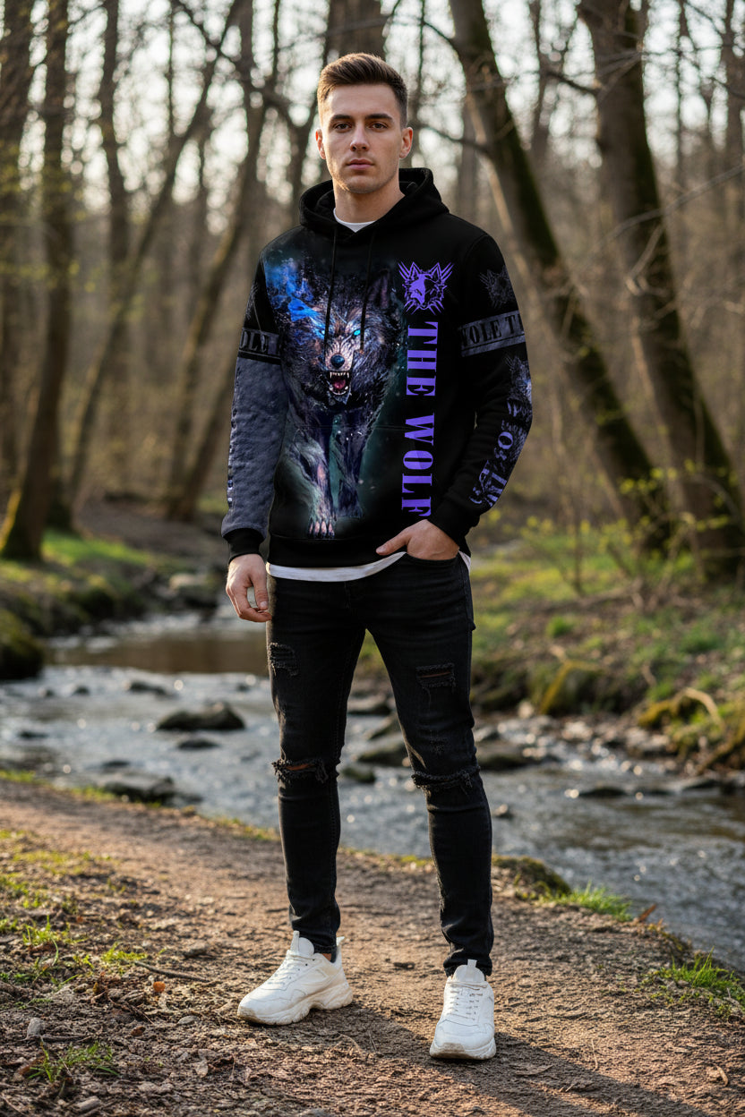 Hoodie with a wolf design and 'The Wolf' text on a white background