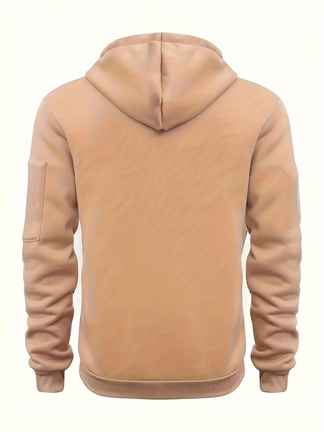 A light tan hooded sweatshirt shown from the back, featuring a single sleeve pocket on the upper left arm, set against a plain white background.