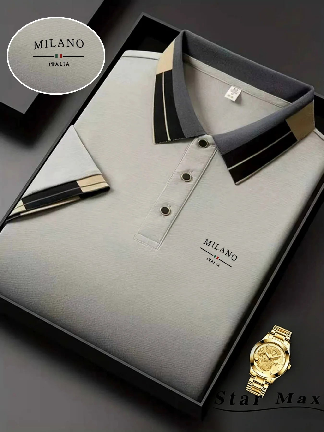 Gray polo shirt with black collar and 'MILANO ITALIA' branding, accompanied by a gold watch on a dark background.