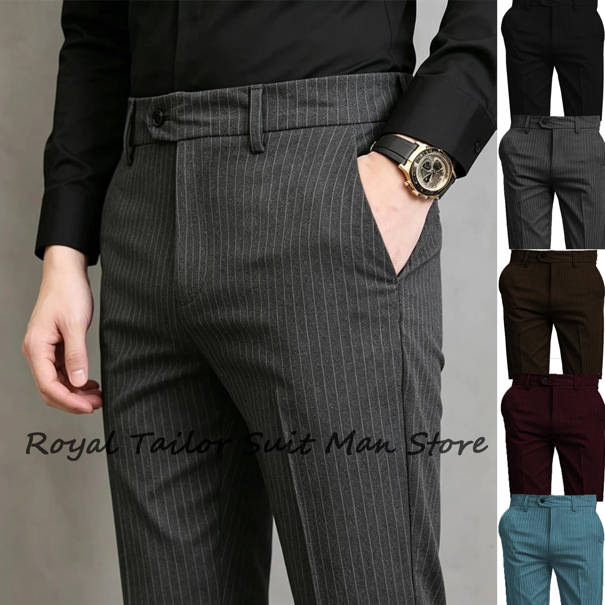 Pinstripe Pattern Suit Pants for Man Formal Dress Slim Fit Pants Elastic Waist Summer Thin Casual Trousers Male Business Wedding