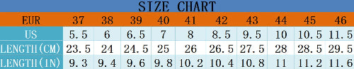Size chart comparing EUR and US measurements with length in centimeters and inches.