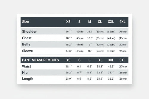 Size chart for coats and pants with measurements in inches and centimeters.