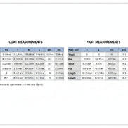 Size chart for coats and pants with measurements in inches and centimeters.