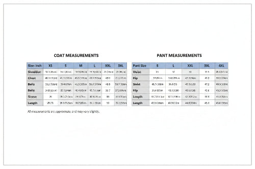 Size chart for coats and pants with measurements in inches and centimeters.