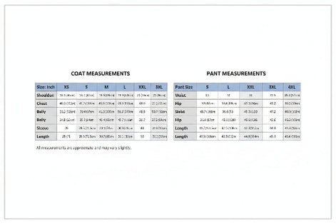 Size chart for coats and pants with measurements in inches and centimeters.