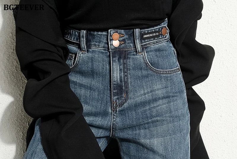 BGTEEVER Vintage Double Buttons Straight Jeans Pants Women Spring Autumn High Waist Loose Pockets Female Wide Leg Denim Trousers